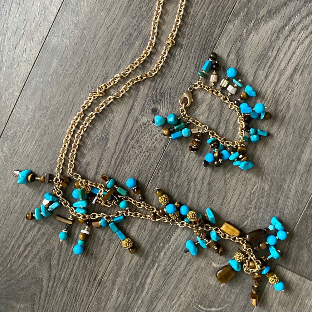 Tigers Eye Turquoise Set Long Necklace Bracelet